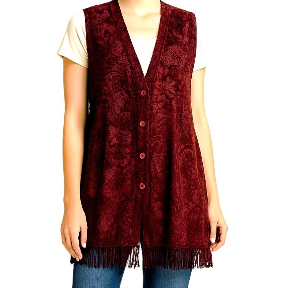 MCX Design Retro Small Burgundy Fringe Floral Embossed Button Up Vest Sleeveless